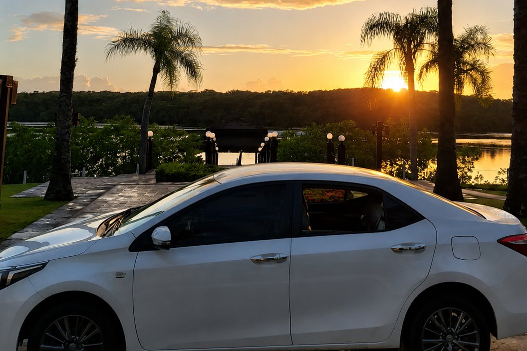 Carro executivo da EVC Turismo ao pôr do sol em Comandatuba