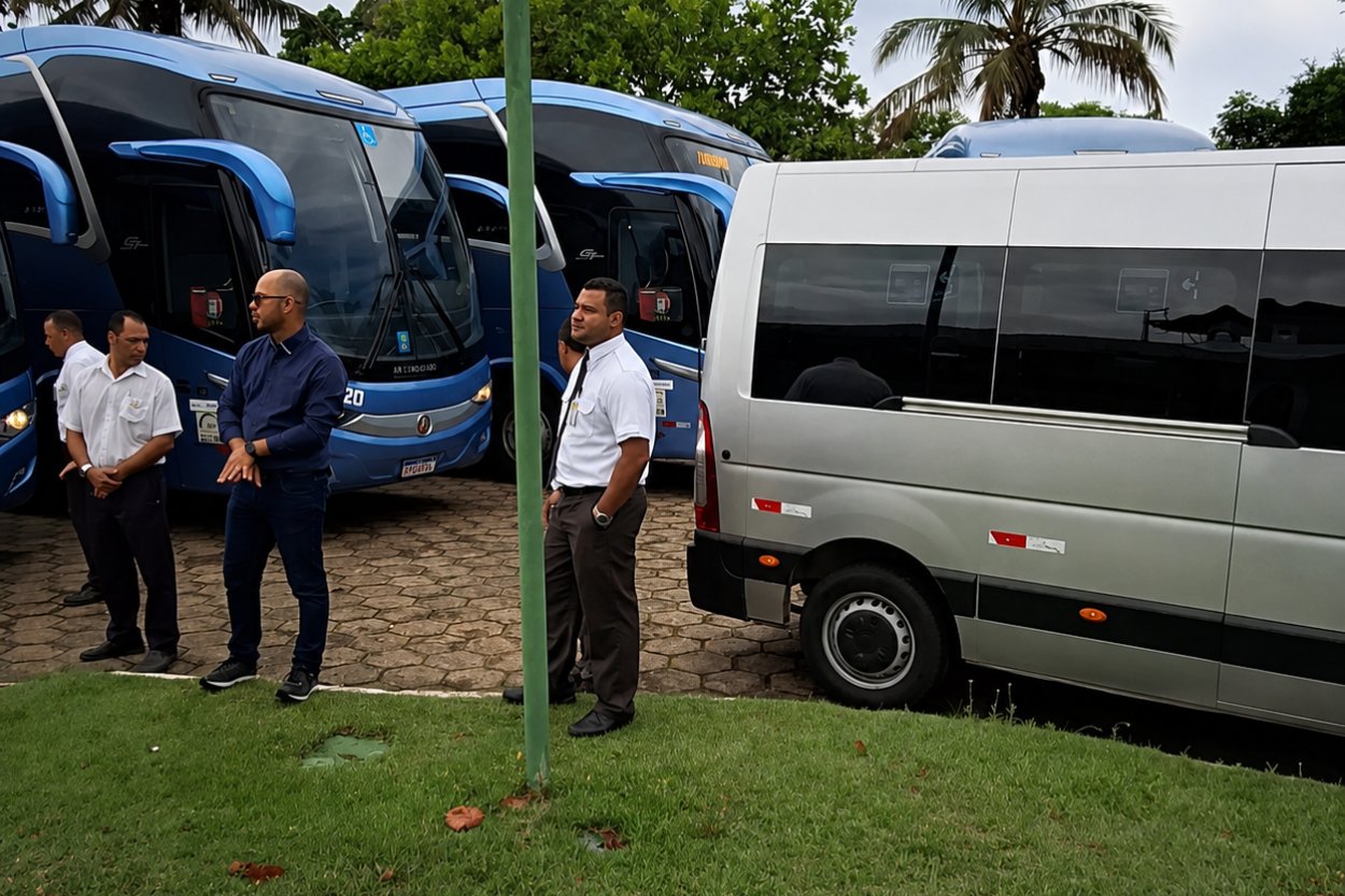 Ônibus, micro-ônibus e vans da EVC Turismo no pátio de embarque